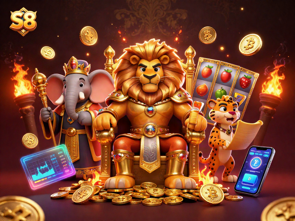 Experience thrilling wins with S8, featuring vibrant slot reels and dynamic characters in a rich casino scene.