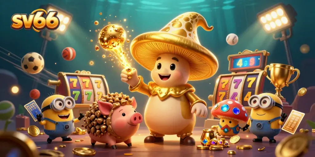 Bet on sv66 with golden wizard and treasure-hunting pig amidst vibrant slot reels and dynamic casino elements.