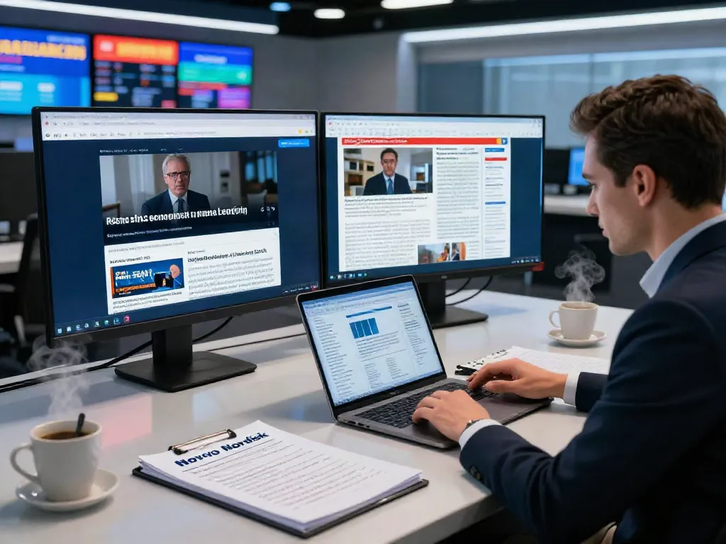 Journalist researching trending news topics from elligilgal.com in a vibrant newsroom.