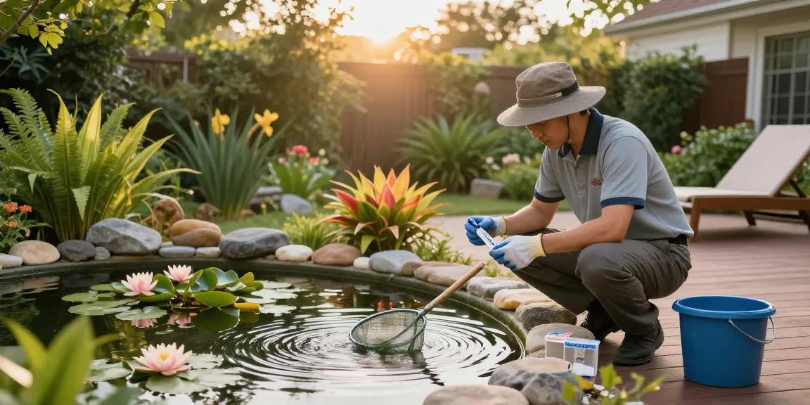 Pond expert near me examining water quality at a serene pond, surrounded by lush greenery and aquatic plants.