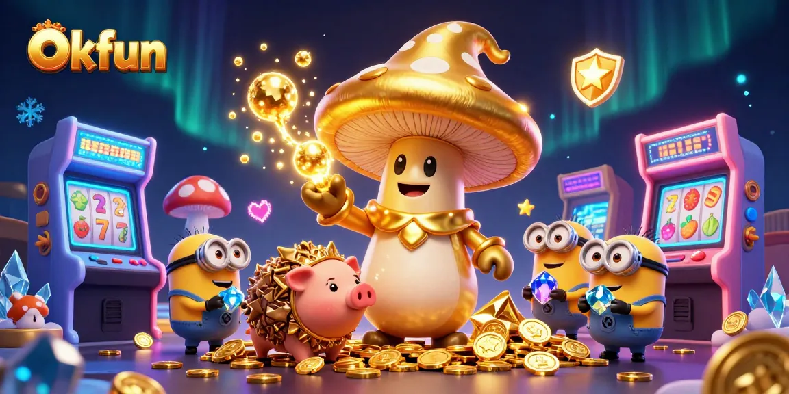Engage with Okfun's magical scene featuring a golden mushroom wizard and treasure-hunting pig amidst casino elements.