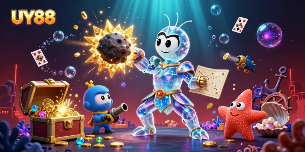 Experience gaming excitement with UY88, showcasing underwater adventures filled with colorful gems and casino elements.