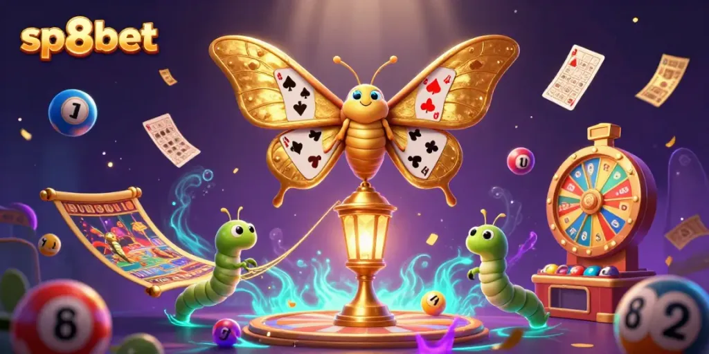 Engage with sp8bet's vibrant casino world, featuring an atlas moth, lottery elements, and a dynamic digital atmosphere.