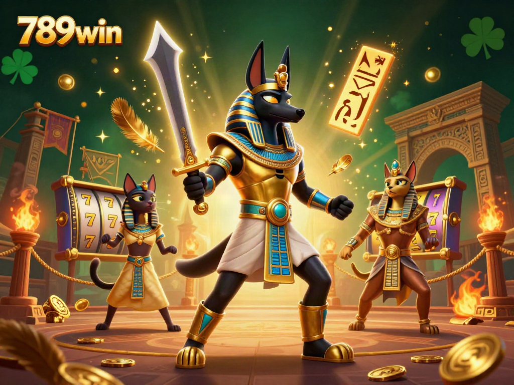 Engage in thrilling slots and jackpots with 789win's vibrant casino illustration featuring Anubis.