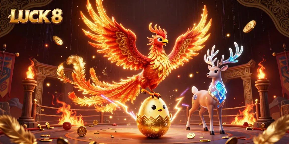 Spin the reels at LUCK 8 as the fire phoenix rises amidst gold coins and casino elements.