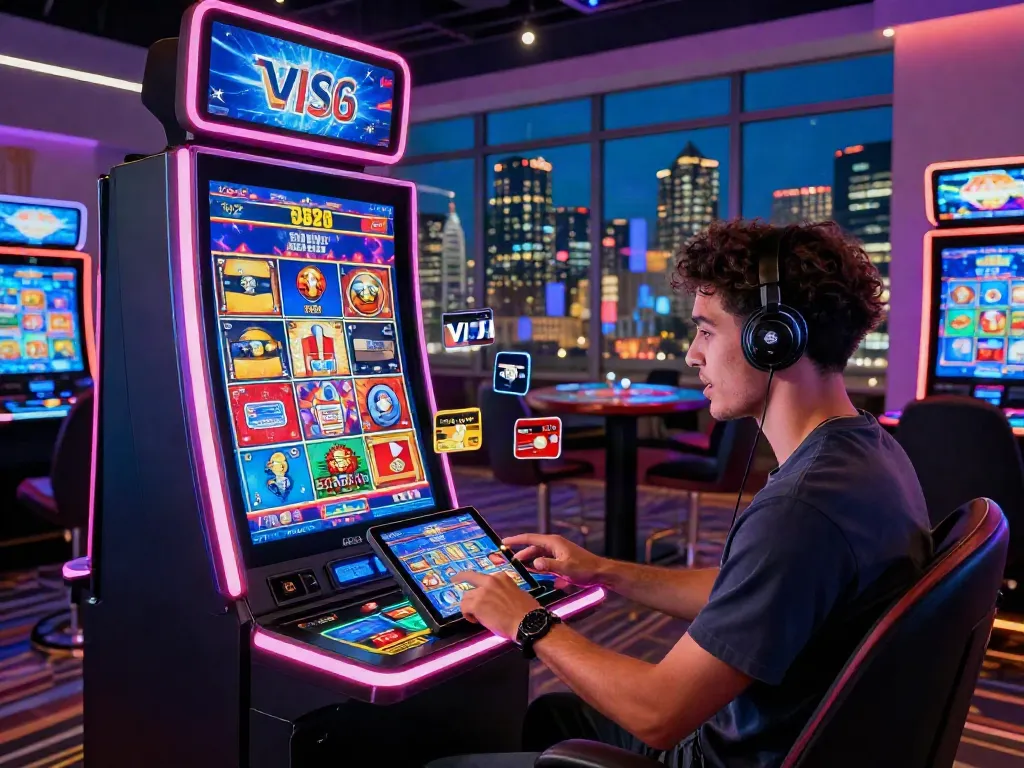 Engaged player using a tablet at a credit card casino, vibrant neon lights creating an immersive atmosphere.
