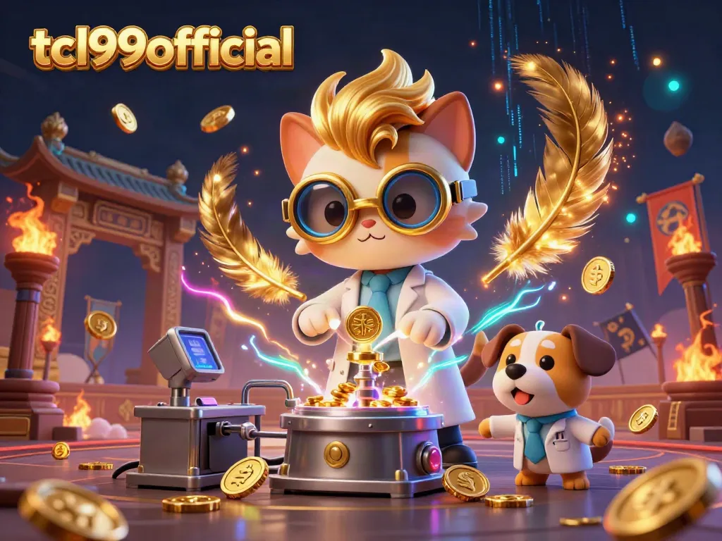 Engage with tcl99official in a vibrant 3D casino scene featuring a mad scientist cat and loyal dog, surrounded by gold coins.