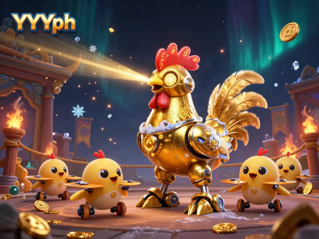 Experience thrilling action with YYYph's golden rooster robot and baby chick drones in a vibrant casino arena.