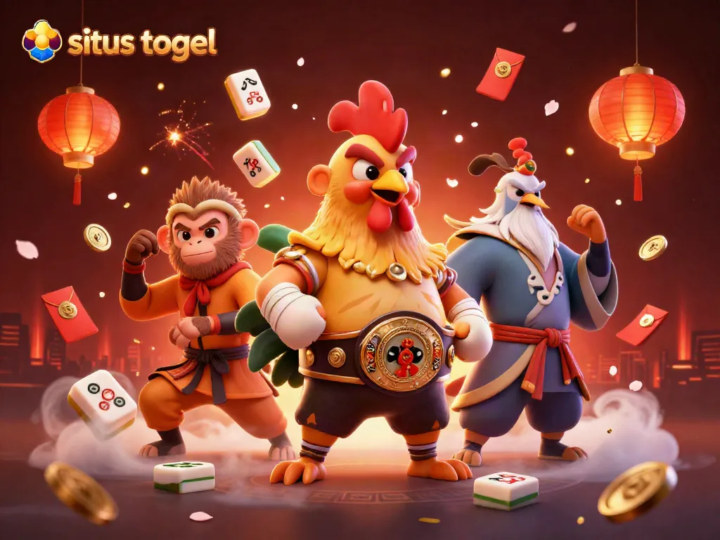 Experience the excitement of situs togel with a dynamic 3D illustration featuring a Muay Thai rooster and martial artists.