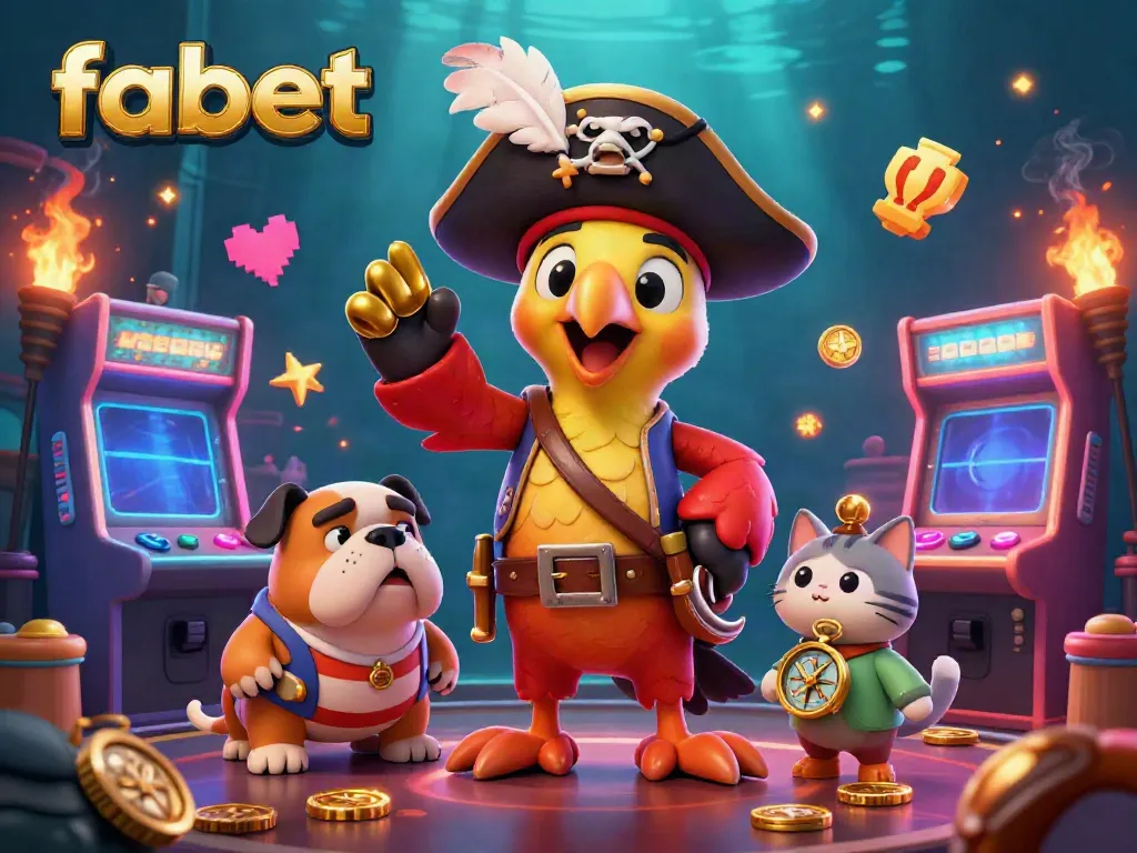 Experience thrilling wins at fabet with vibrant arcade games and charming characters in a lively casino.