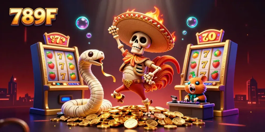 Engage in thrilling gameplay at 789F with a dynamic 3D illustration of vibrant casino characters.