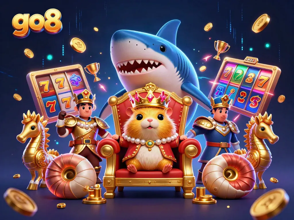 Engage with go8's vibrant 3D casino scene showcasing the hamster king, slot reels, and festive atmosphere.
