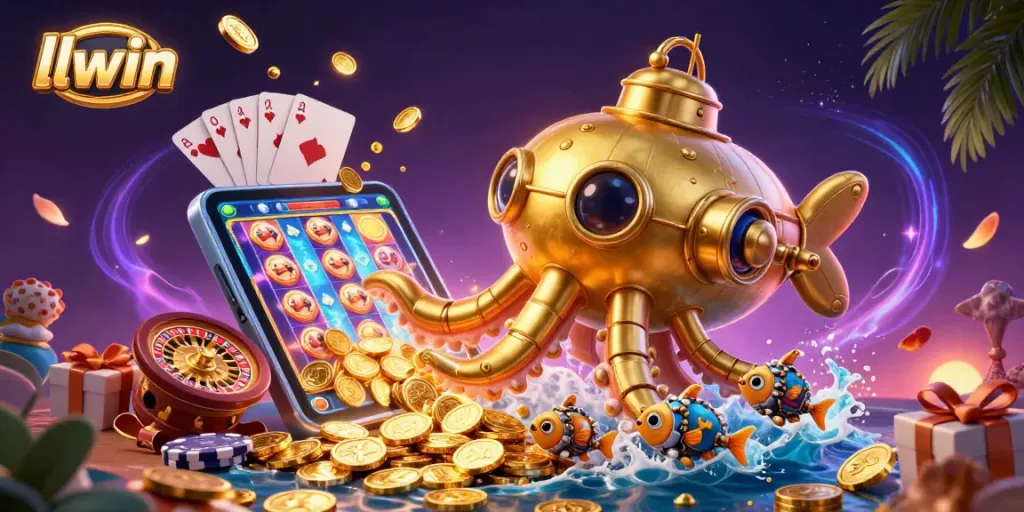 Engage in thrilling games at llwin, surrounded by 3D golden kraken submarine and vibrant casino elements.
