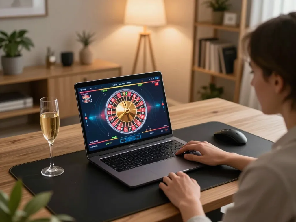 Engaged player enjoying an online 13win roulette game at home with ambient lighting