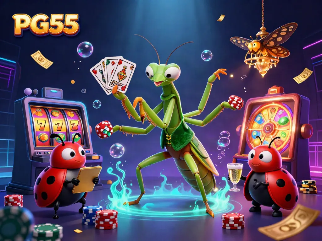 Engage in PG55 casino fun with a lively 3D scene of a mantis card sharp, ladybug pit boss, and colorful slot elements.