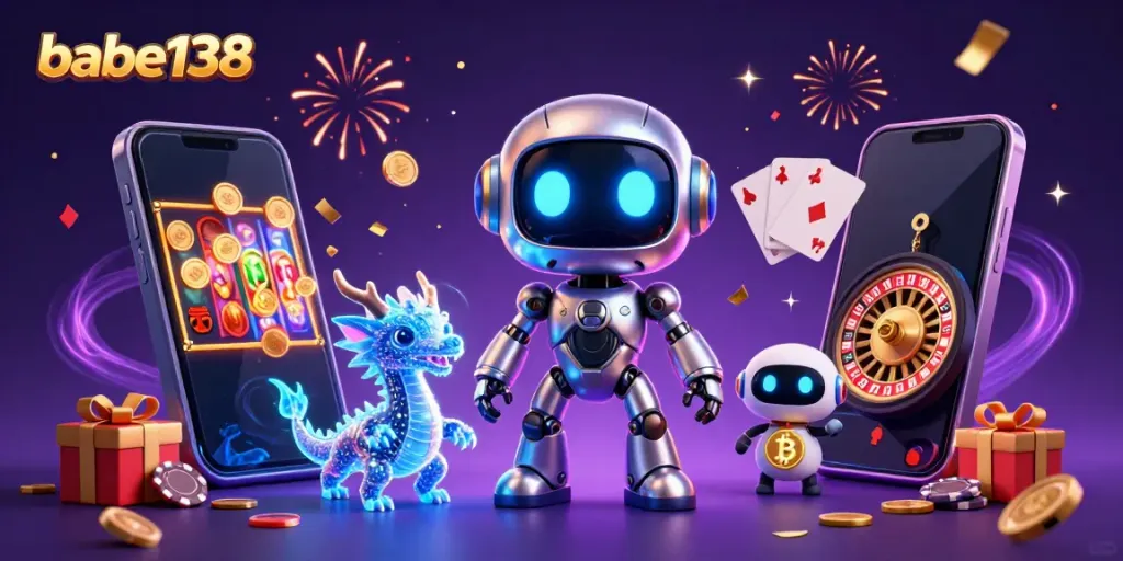 Permainan slot menarik di babe138 dengan robot futuristik dan elemen kasino yang menggiurkan.