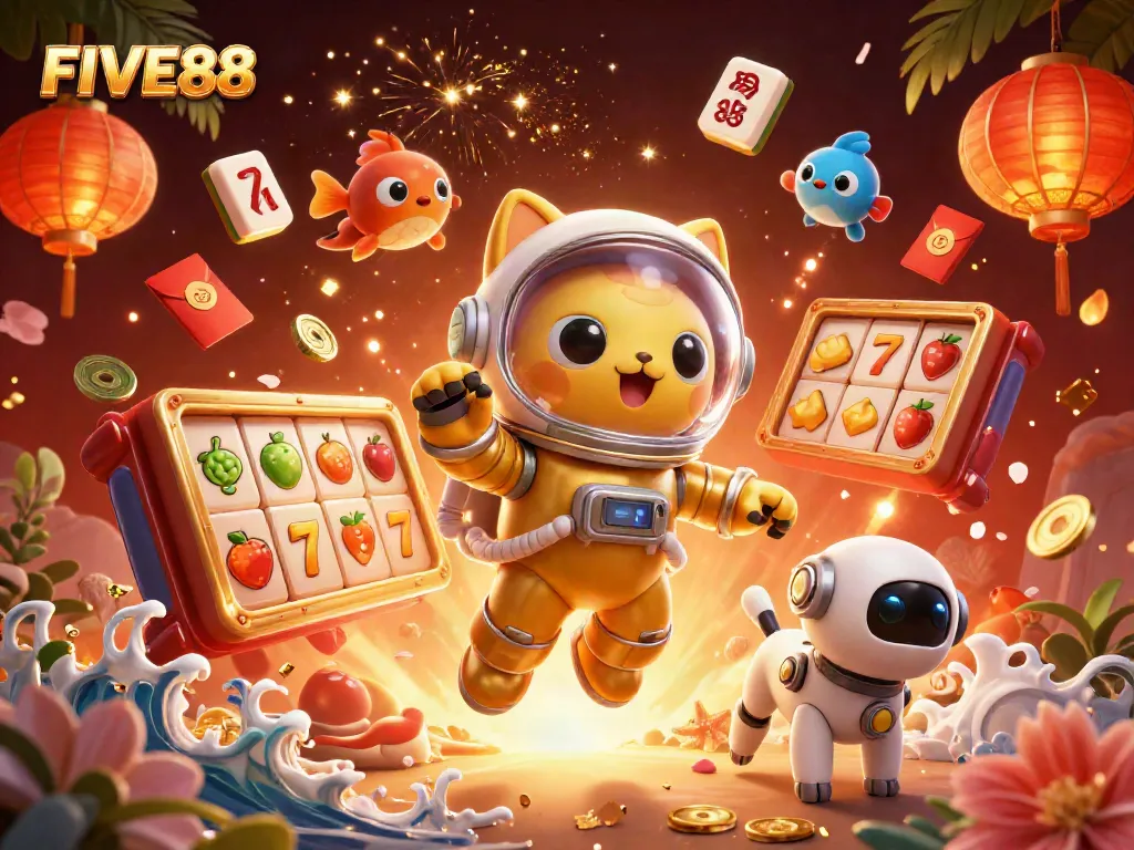 Engage with FIVE88 in a dynamic 3D casino world featuring floating slots and festive elements.