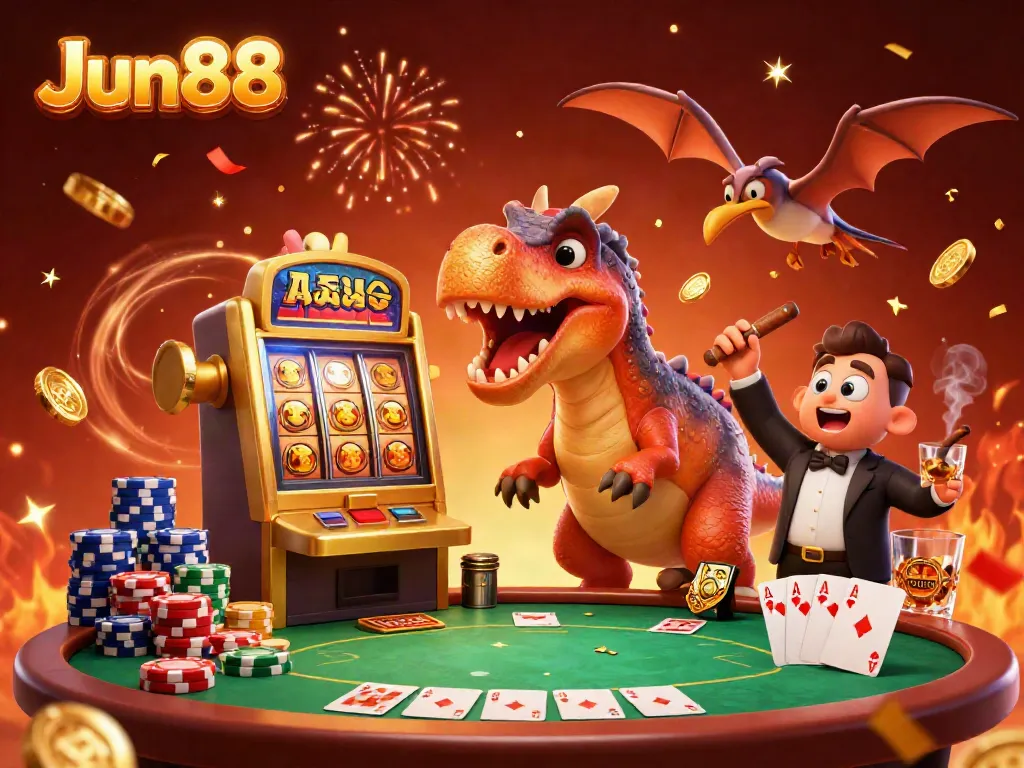 Catch the excitement at Jun88 with a dinosaur headbutting a jackpot slot machine amidst colorful poker chips.