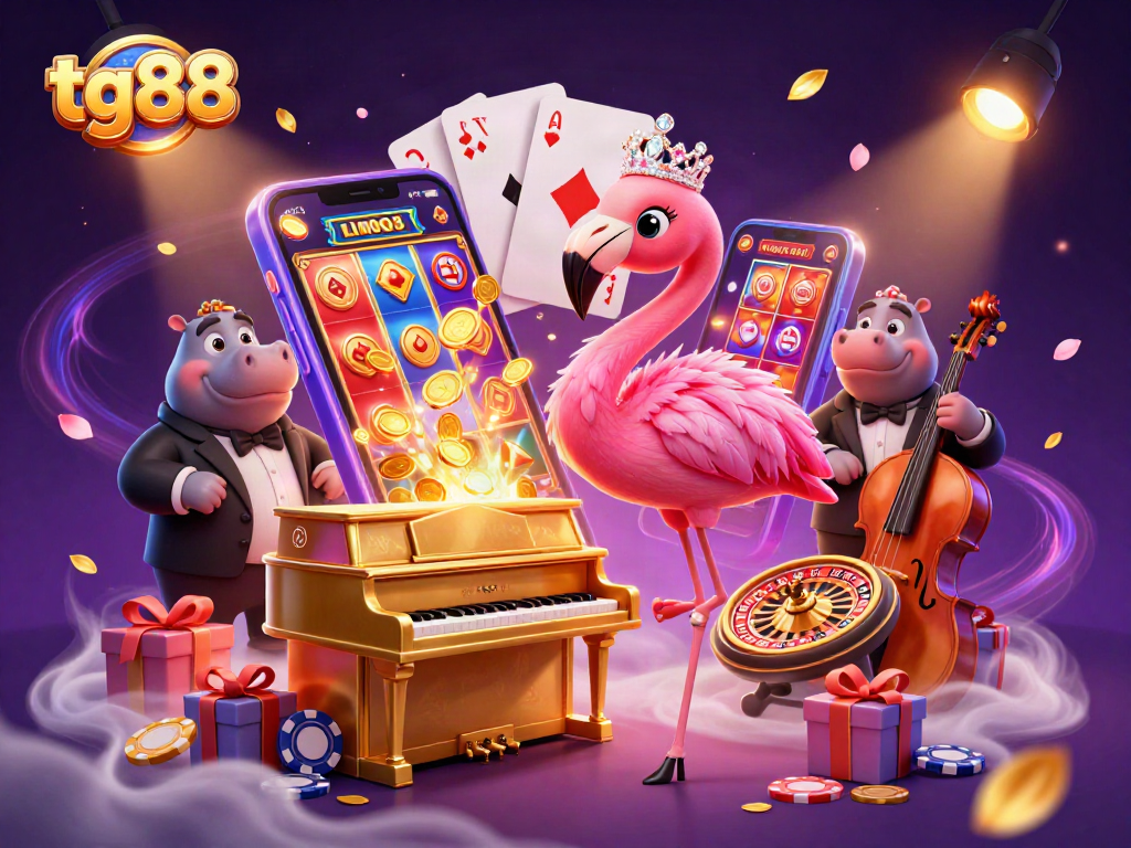 Tg88 showcases a thrilling casino scene featuring a flamingo singer and hippo bassist surrounded by slot games.