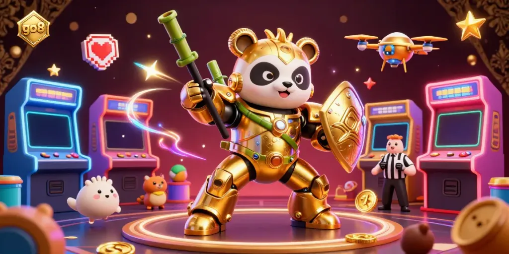 Engage in thrilling gameplay at Go8, featuring a mech-suit panda amidst vibrant casino games.