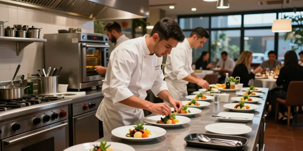 Catering equipment utilized by chefs in a bustling restaurant kitchen showcasing efficient food preparation and presentation.