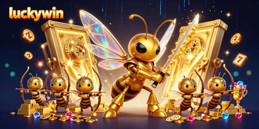 Experience the thrill of winning with luckywin in a vibrant casino scene featuring a hornet in samurai armor.