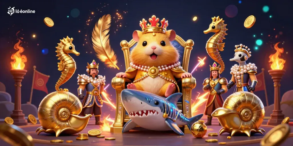 Engaging scene showcasing lô đề online with a golden hamster king and royal seahorse guards amidst a dynamic casino environment.