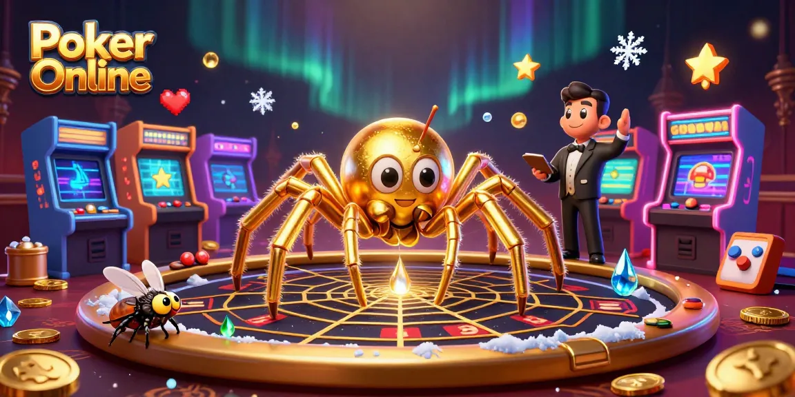 Experience Poker Online excitement with a golden spider and centipede croupier at play.