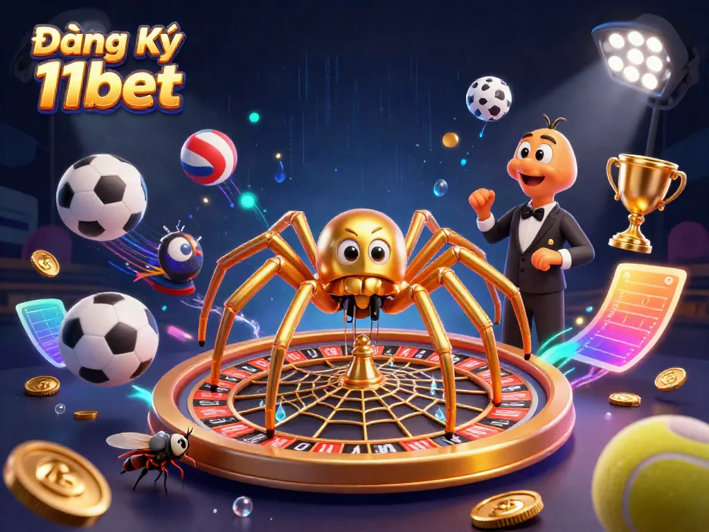 Engage with Đăng Ký 11bet as a golden spider spins its roulette web, showcasing thrilling sports betting.