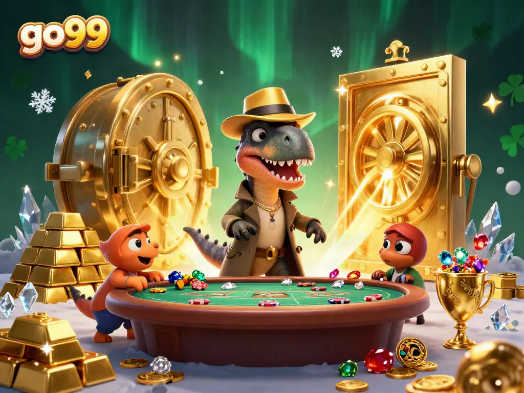 Experience the thrill of go99 at an animated casino scene with a velociraptor card counter.