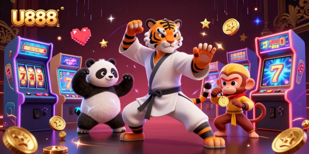 Experience U888's exciting world of gaming with dynamic characters and vibrant casino elements.