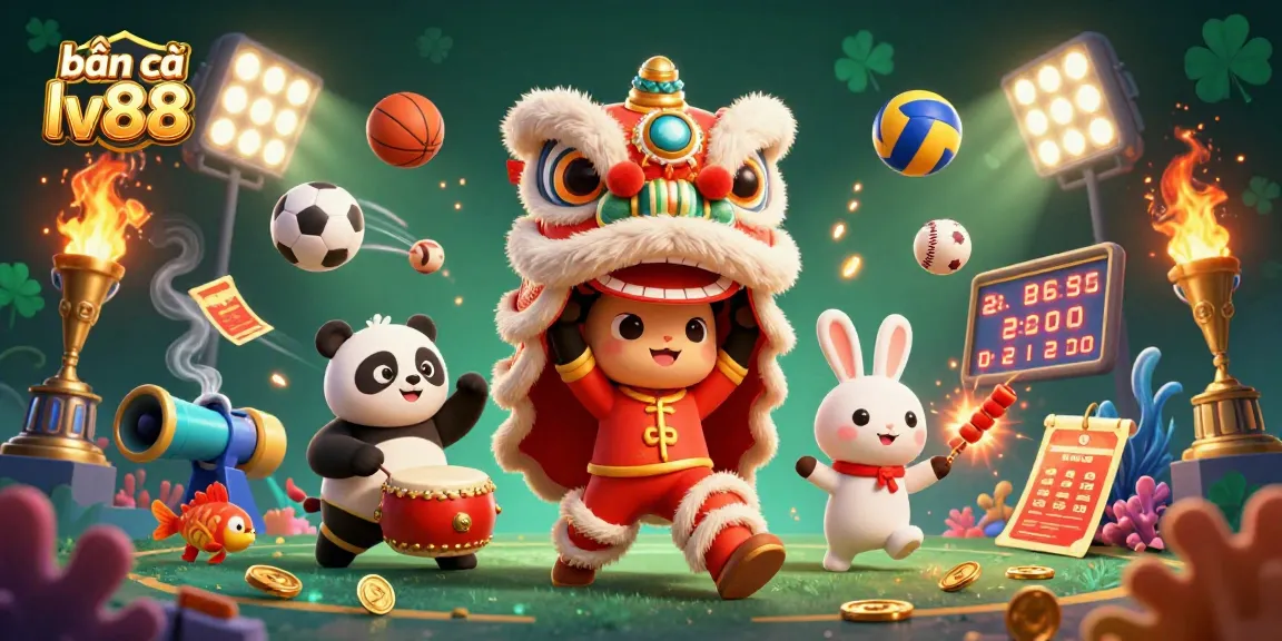 Bắn cá lv88 scene featuring a lion dance, drumming panda, and firecracker rabbit amidst dynamic sports elements.
