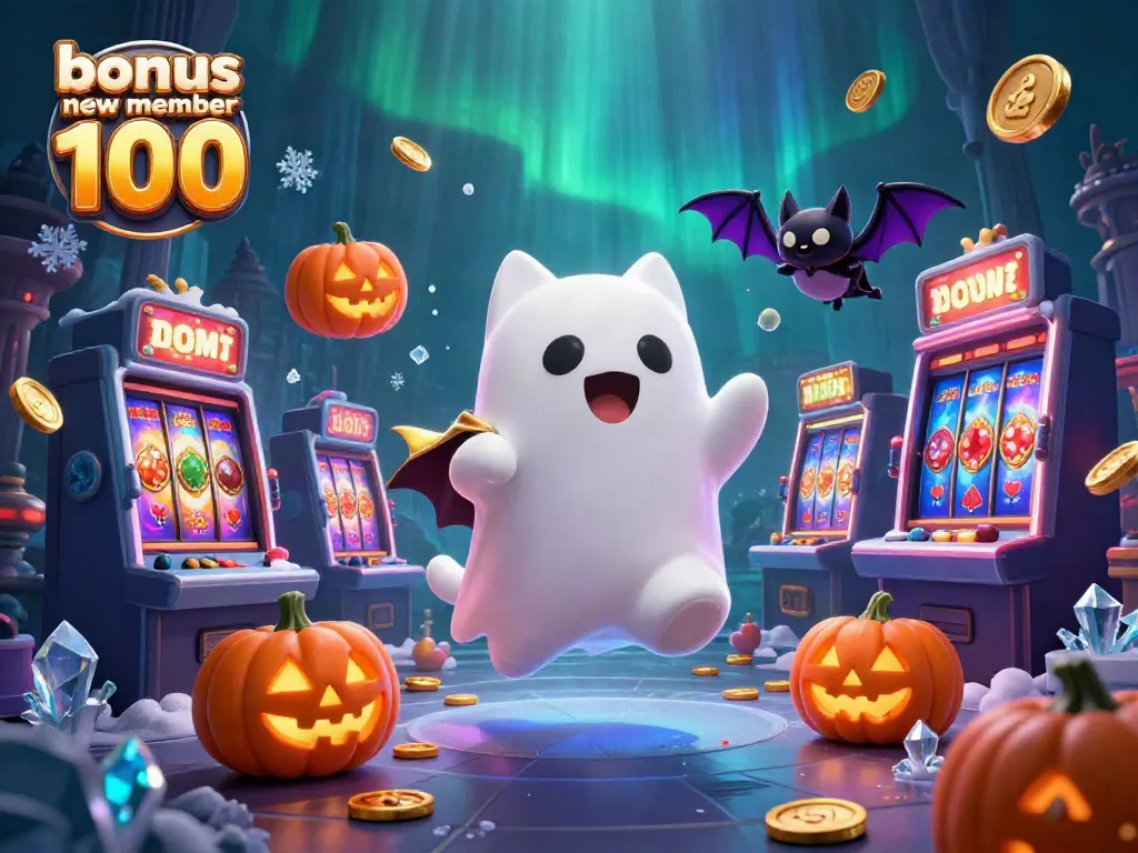 Engage in thrilling casino action with bonus new member 100 in a colorful illustration featuring a friendly ghost cat and vampire bat.