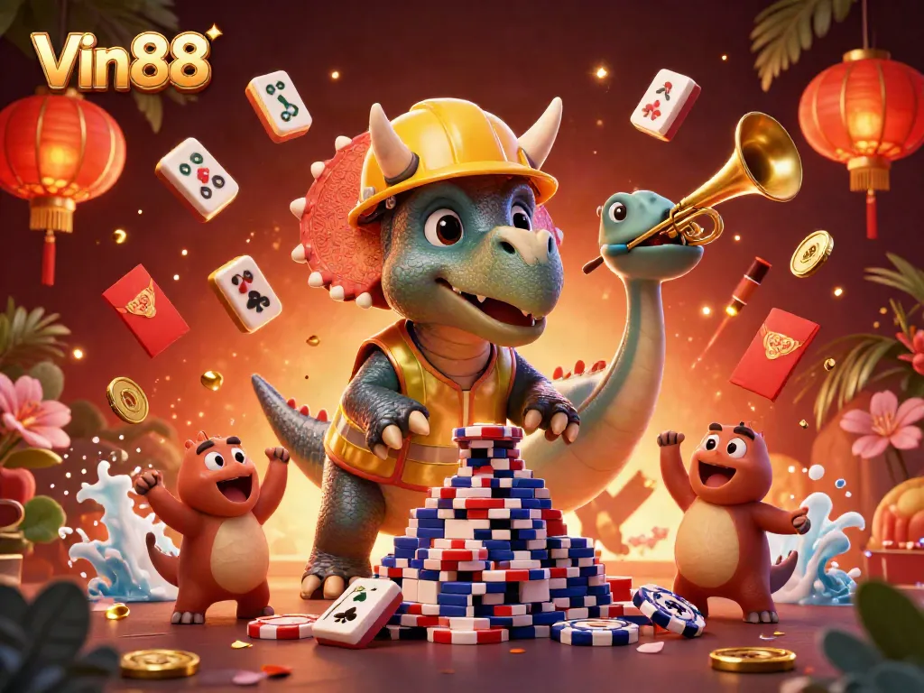 Experience Vin88 with colorful casino-themed celebration featuring dynamic characters and game elements.