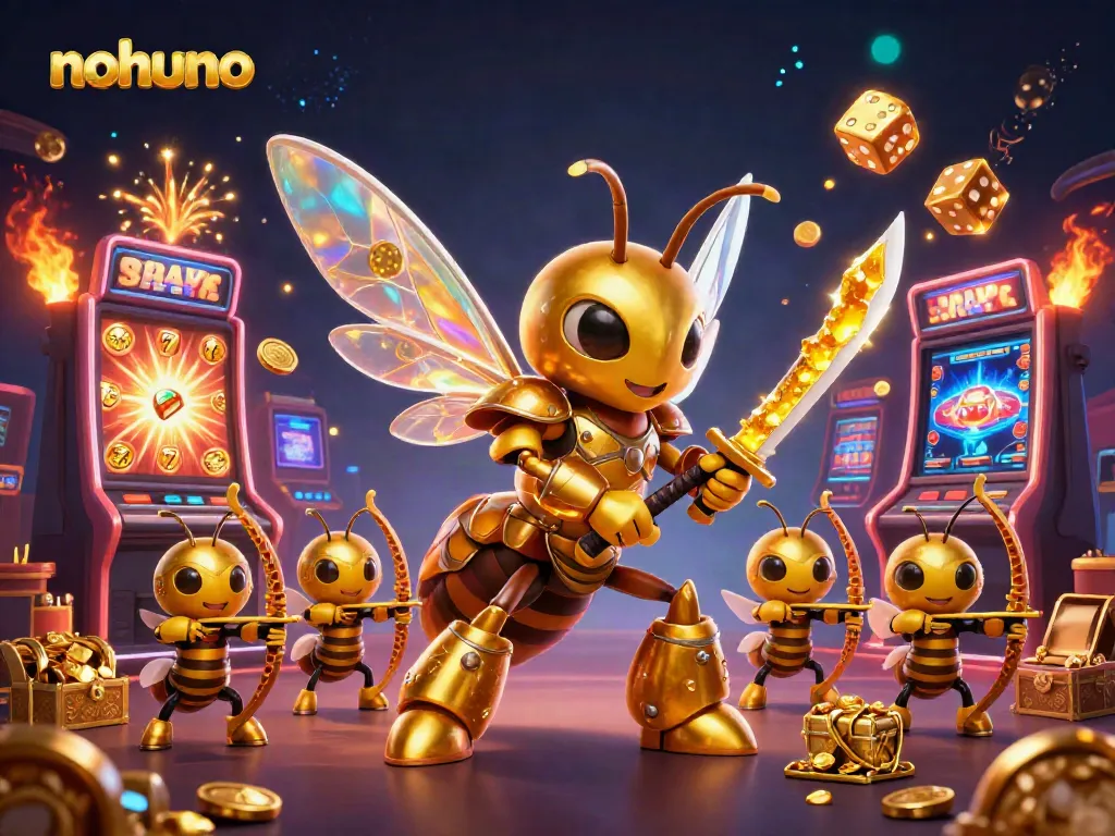 Experience the thrilling casino action with nohuno's vibrant gaming atmosphere as giant golden hornets wield katanas in a jackpot explosion.