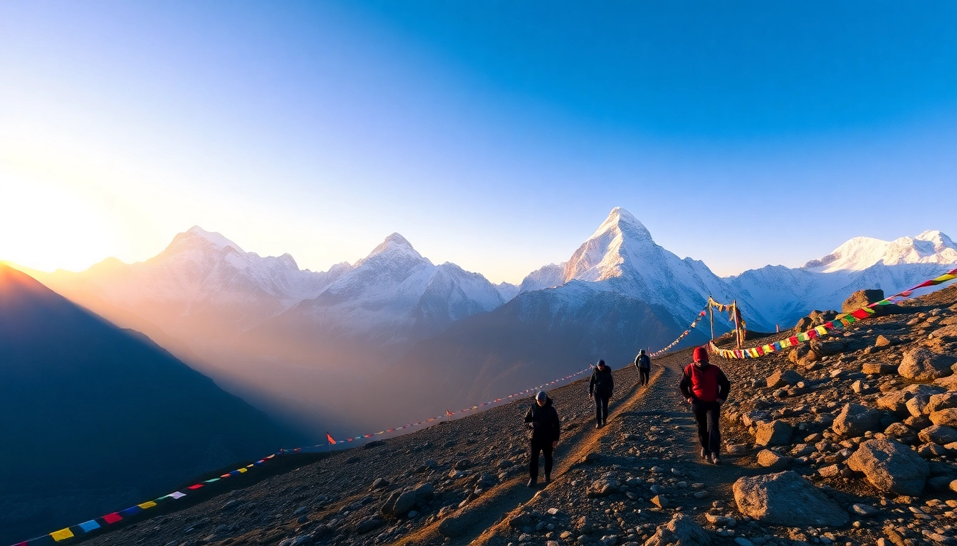 Trekkers on the Everest Base Camp Trek surrounded by stunning Himalayan peaks, showcasing the adventure and beauty of the journey.