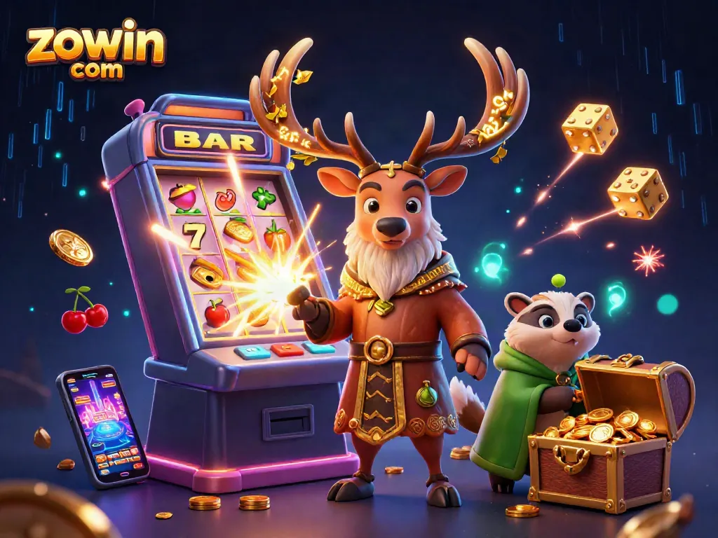 Engage in thrilling gameplay at zowin com with a dynamic casino scene showcasing vibrant characters and exciting game elements.