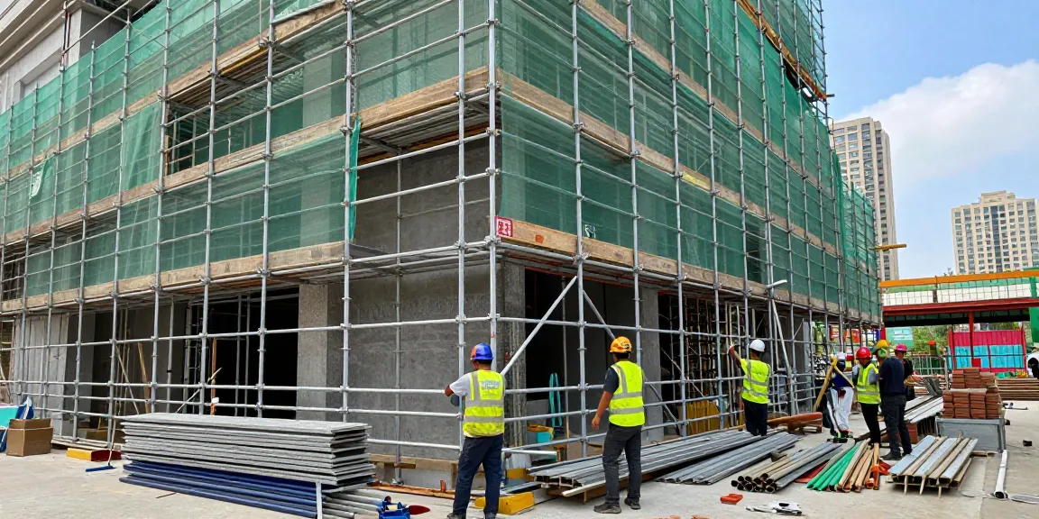 Workers installing commercial scaffolding on a building, ensuring safety and efficiency during renovation.