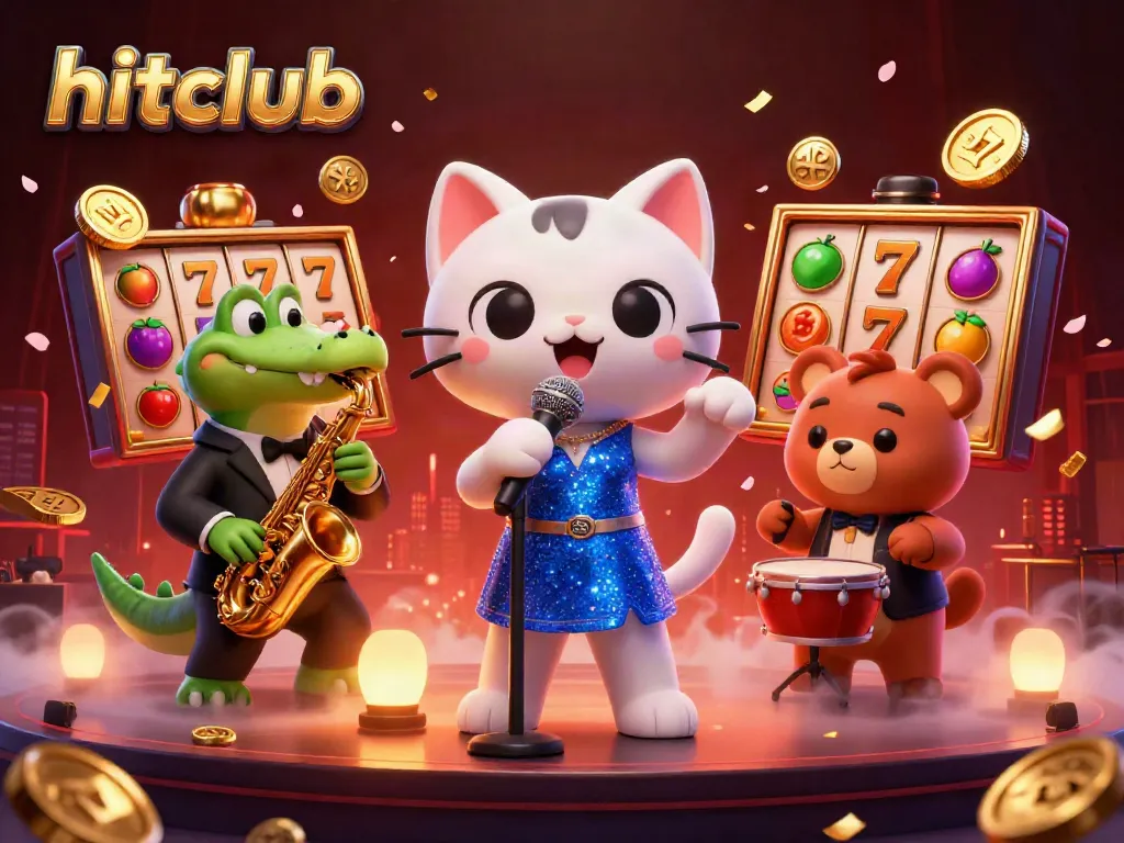 Hitclub showcases an exciting casino scene with lively characters and colorful slot elements.
