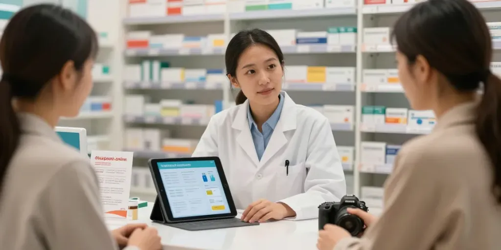 Buy Diazepam Online UK at a pharmacy, pharmacist guiding customer through digital options.