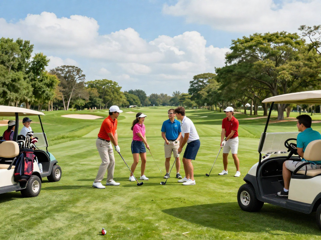 Friends enjoying a sunny day at Golf Cart Emporium's vibrant golf course with colorful attire.