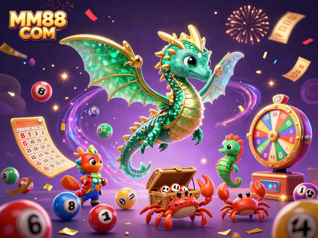 Engage with MM88 COM's vibrant lottery-themed scene featuring colorful elements and exciting casino visuals.