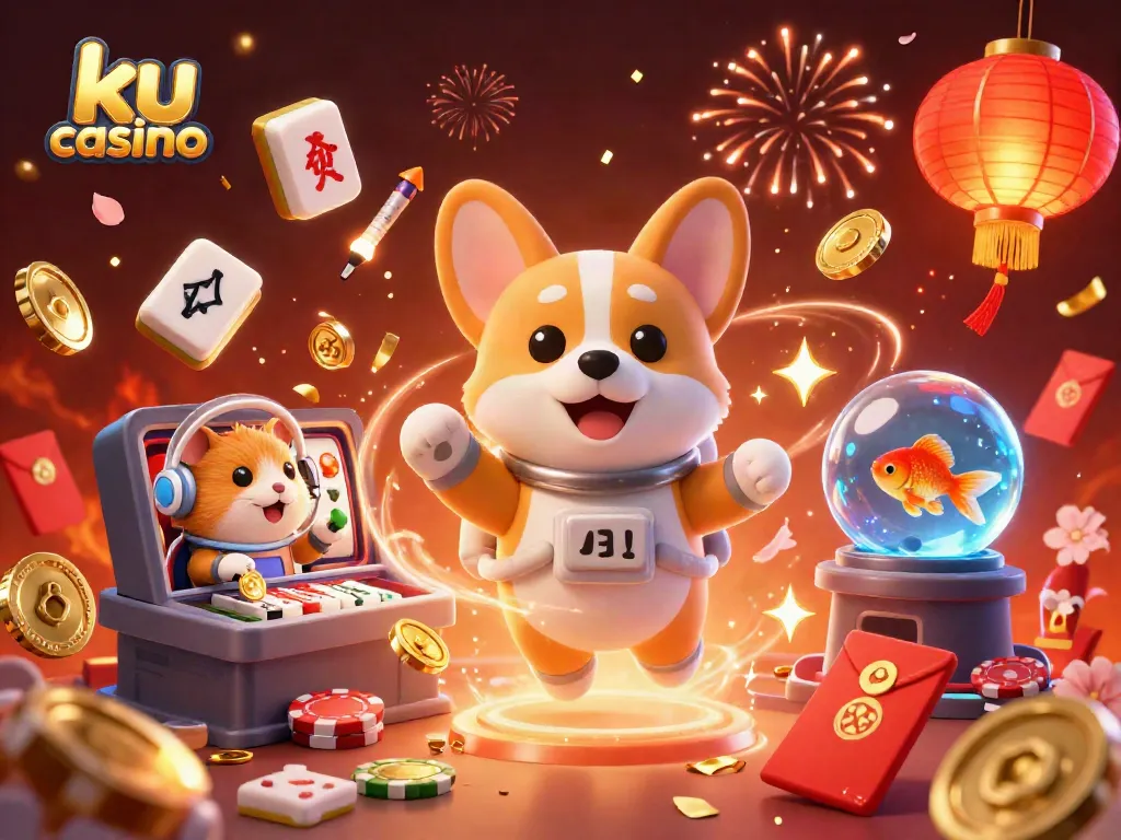 ku casino illustration with a floating astronaut corgi, poker chips, and vibrant casino symbols