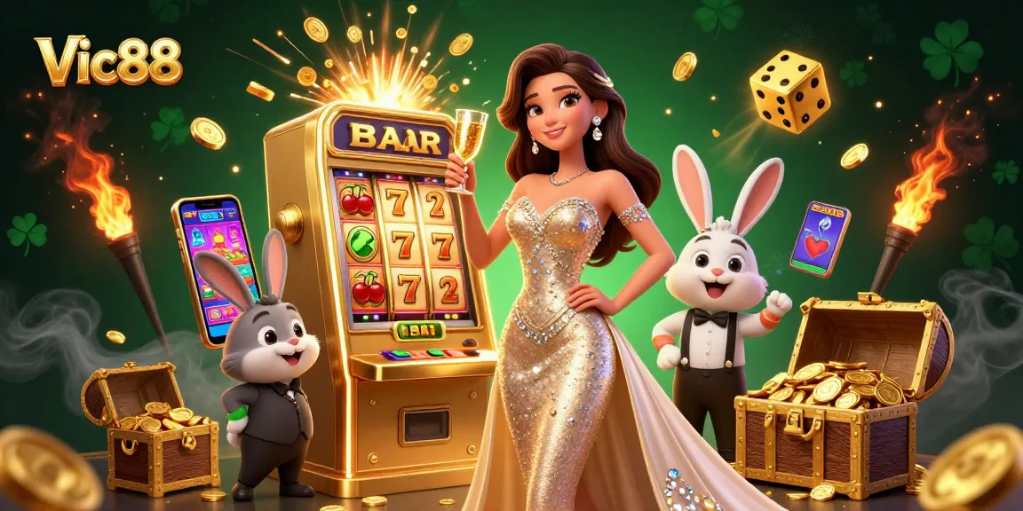 Experience the thrill at Vic88 with a glamorous scene of jackpots, games, and excitement.