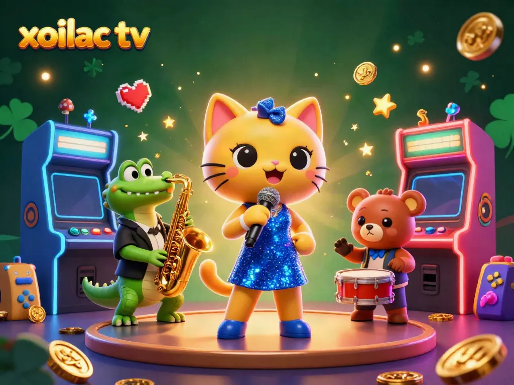 Xoilac TV live casino action with characters in vibrant illustration, showcasing games and excitement.