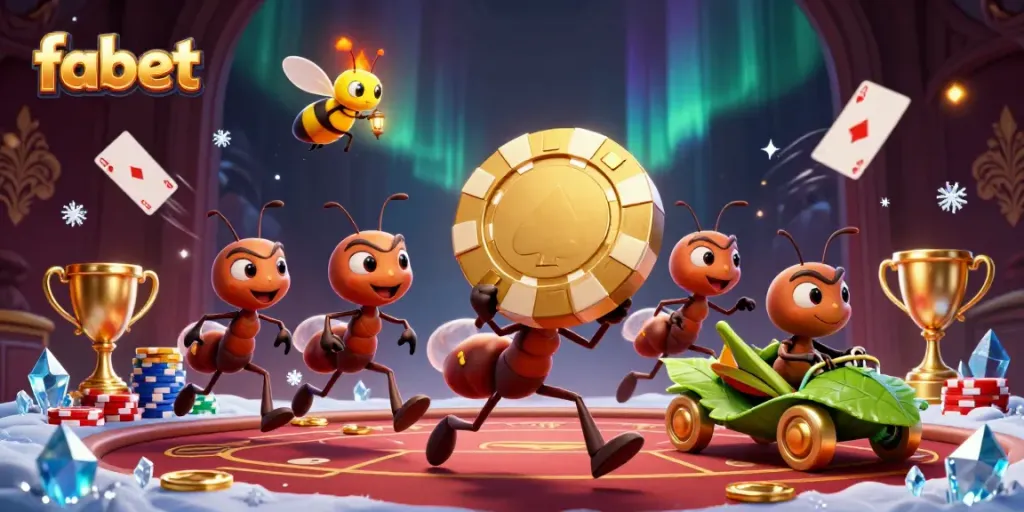 Engage with fabet's thrilling gaming scene featuring playful ants and vibrant poker elements.