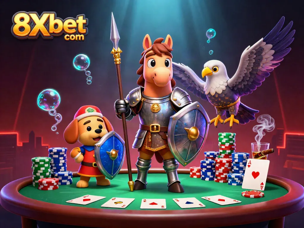 Experience thrilling gameplay at 8Xbet com with striking visuals of knights and poker elements.