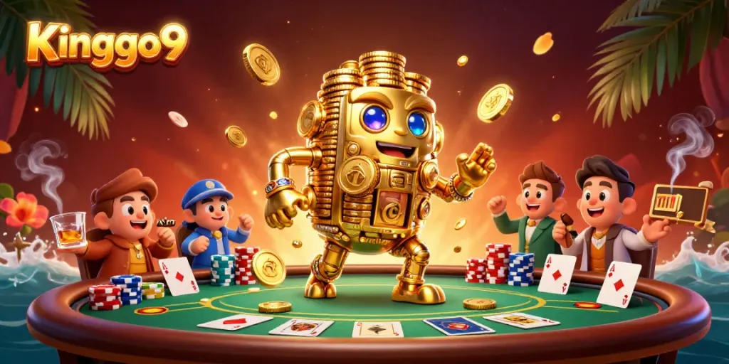 Engage with the exciting game Kinggo9 featuring a golden golem and poker elements.