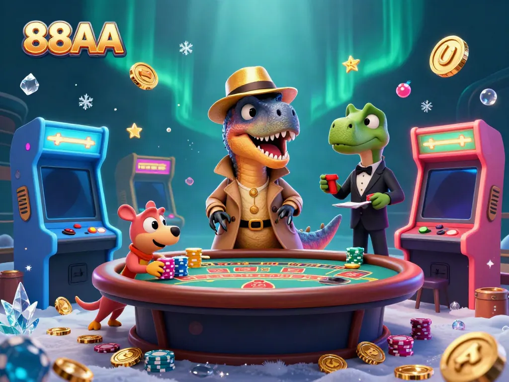 Experience 88AA with a playful velociraptor card counter, vibrant casino games, and stunning visuals.