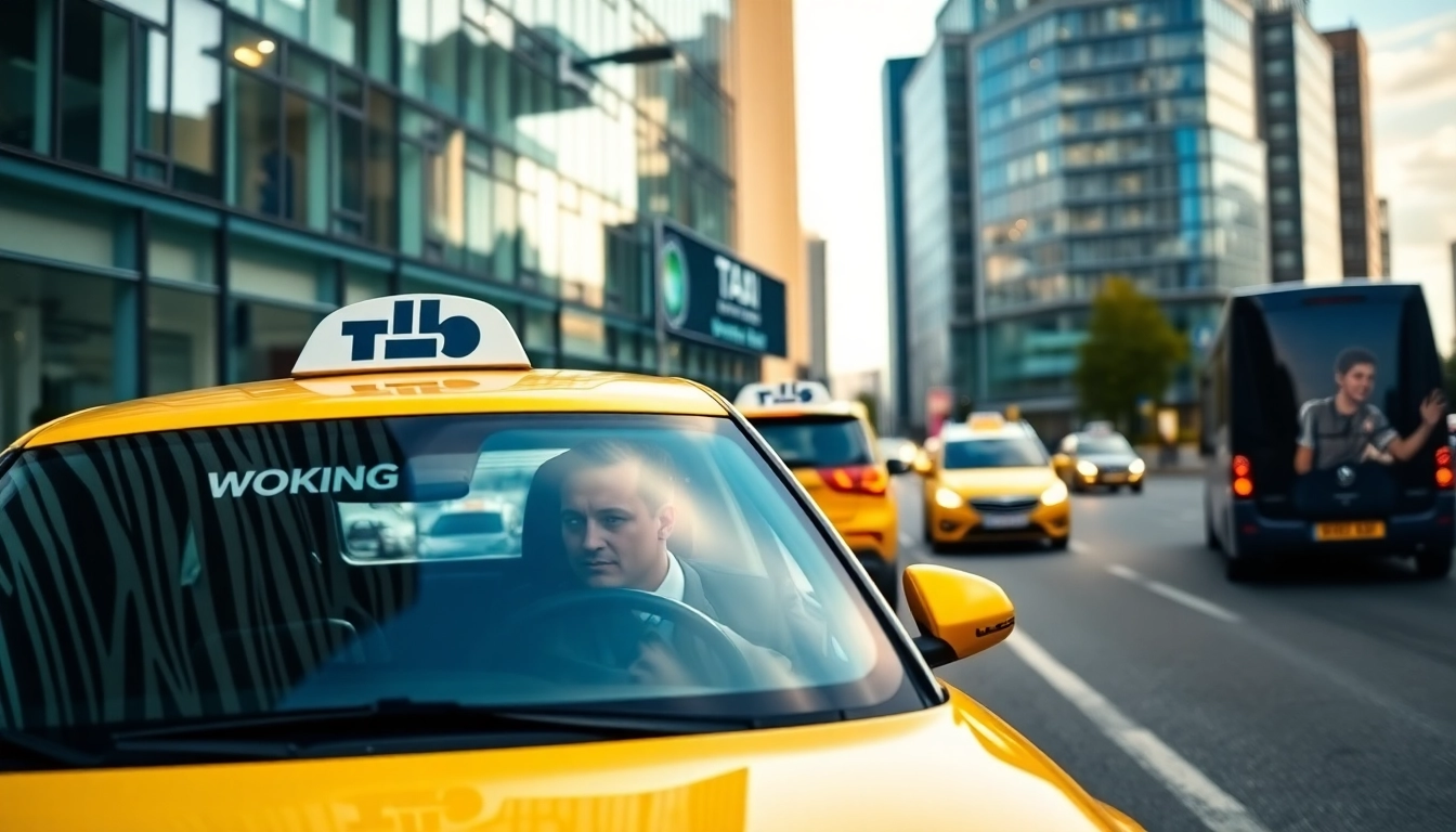 Woking taxi driving through bustling urban streets with a welcoming atmosphere.